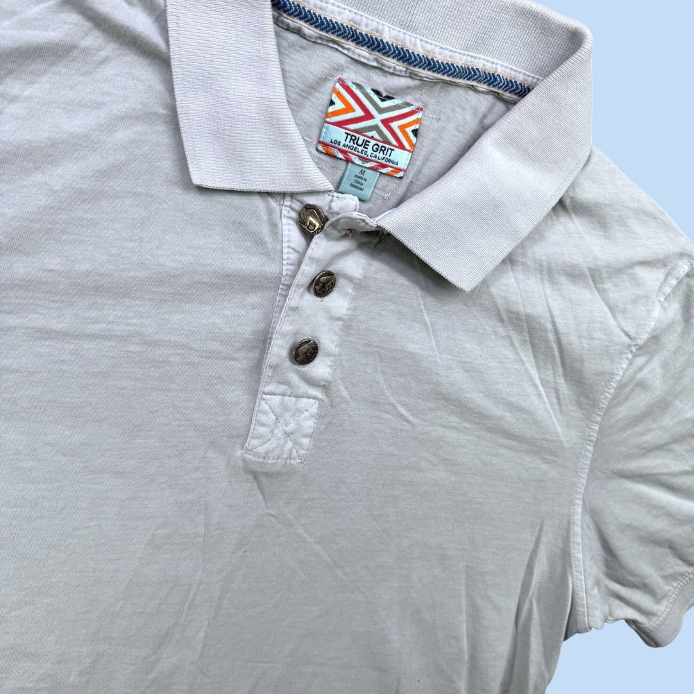 True Grit Buffalo Nickel Polo Shirt Mens M Short Sleeve Light Gray Slub Knit
